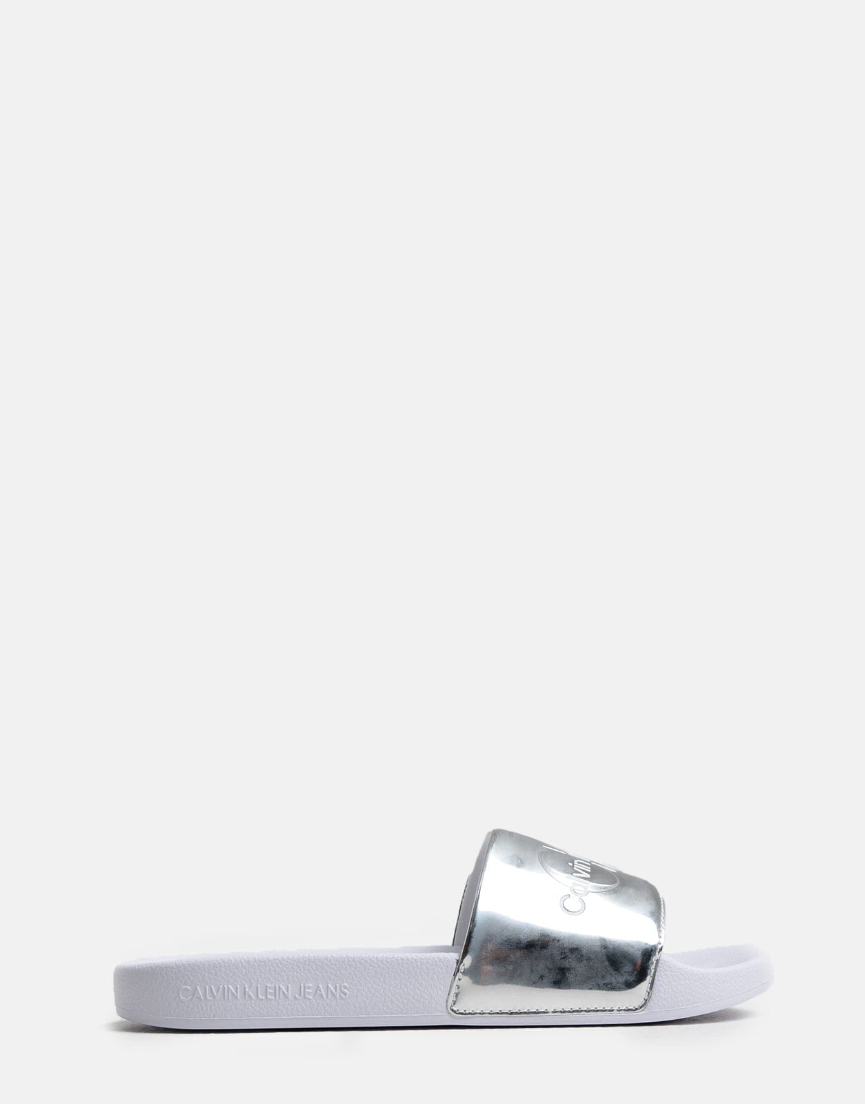 Calvin Klein Metallic Monologo Silver Slides