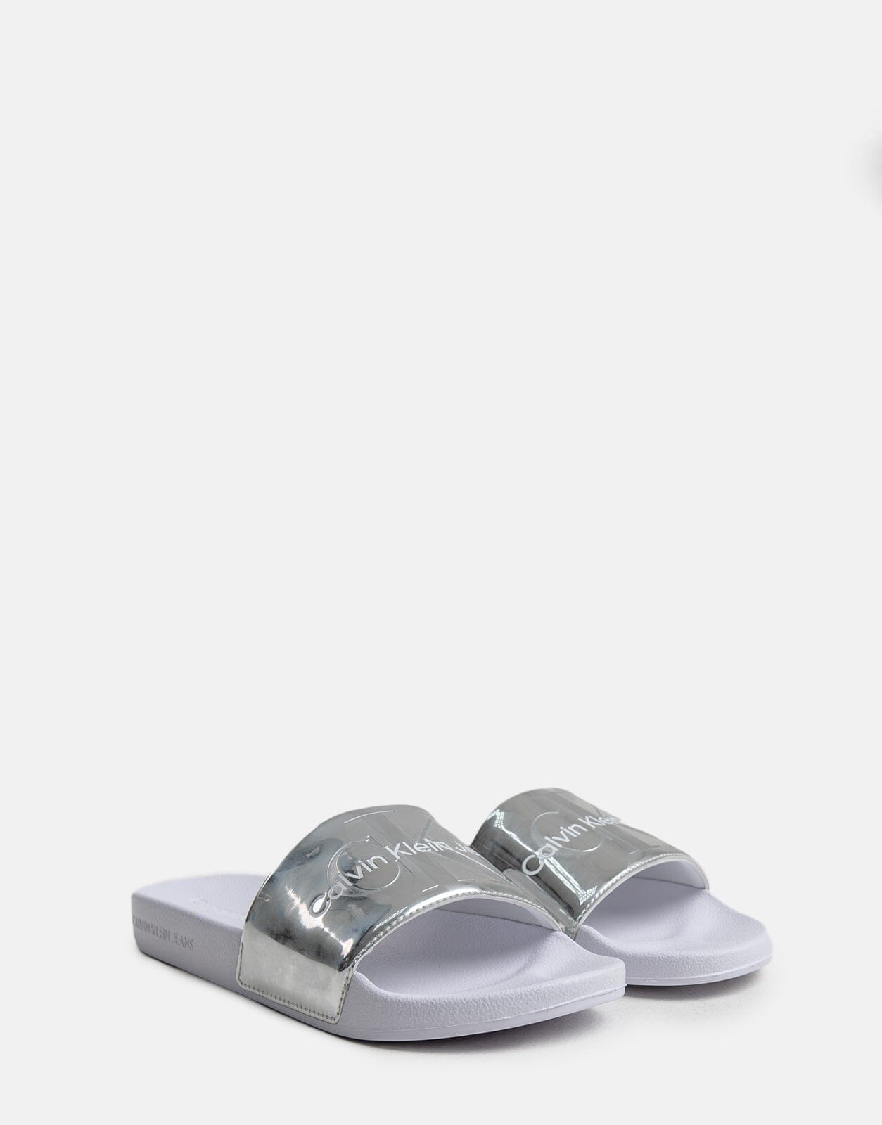 Calvin Klein Metallic Monologo Silver Slides