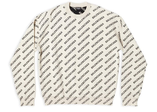 Balenciaga Mini Allover Logo Sweater In Off-White & Black Cotton Knit